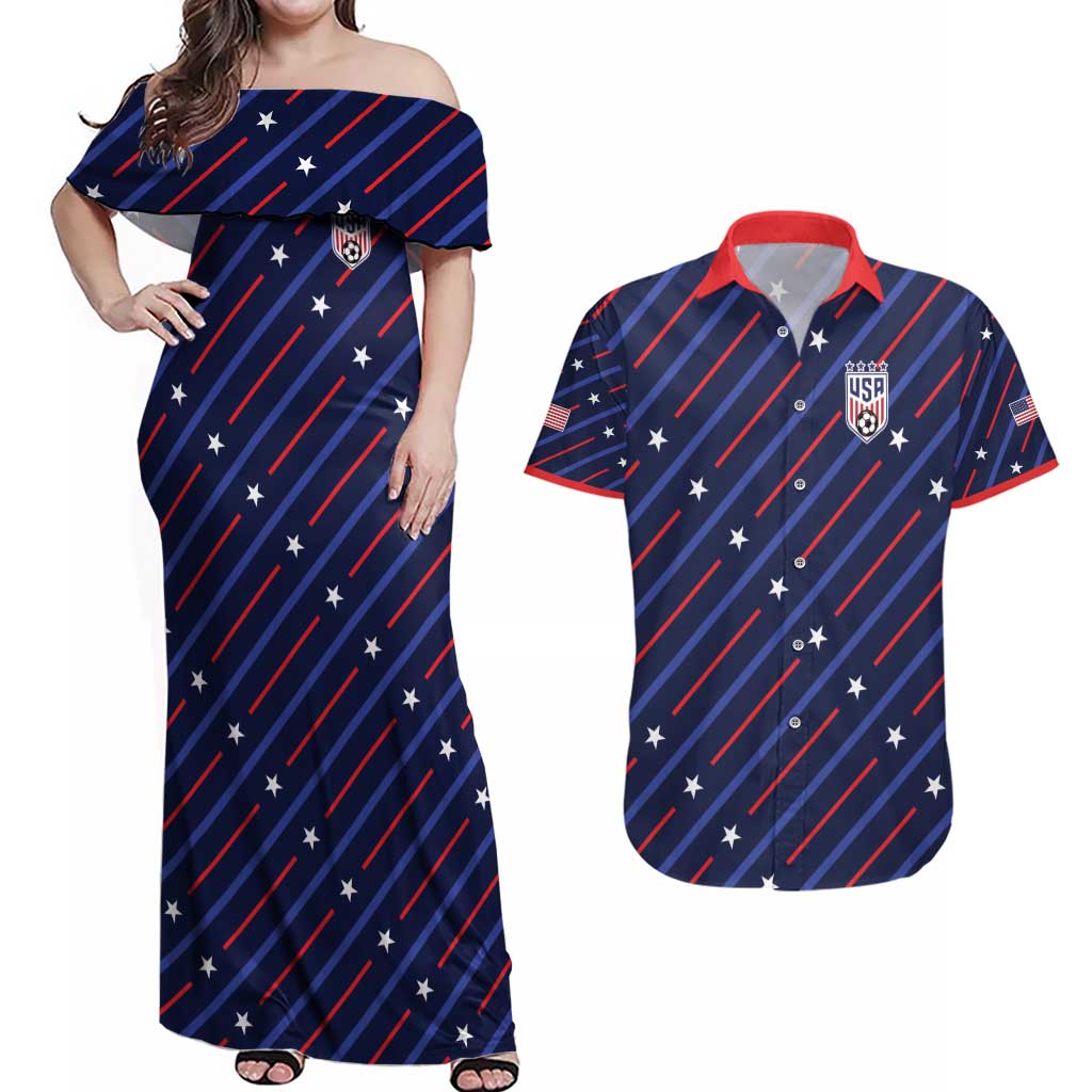 Custom Soccer USA 2026 Couples Matching Off Shoulder Maxi Dress and Hawaiian Shirt Stronger Together We Are One Nation - Wonder Print Shop