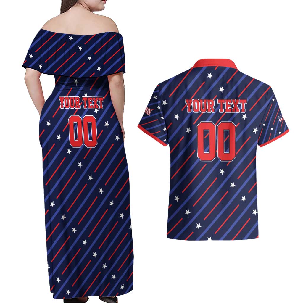 Custom Soccer USA 2026 Couples Matching Off Shoulder Maxi Dress and Hawaiian Shirt Stronger Together We Are One Nation - Wonder Print Shop