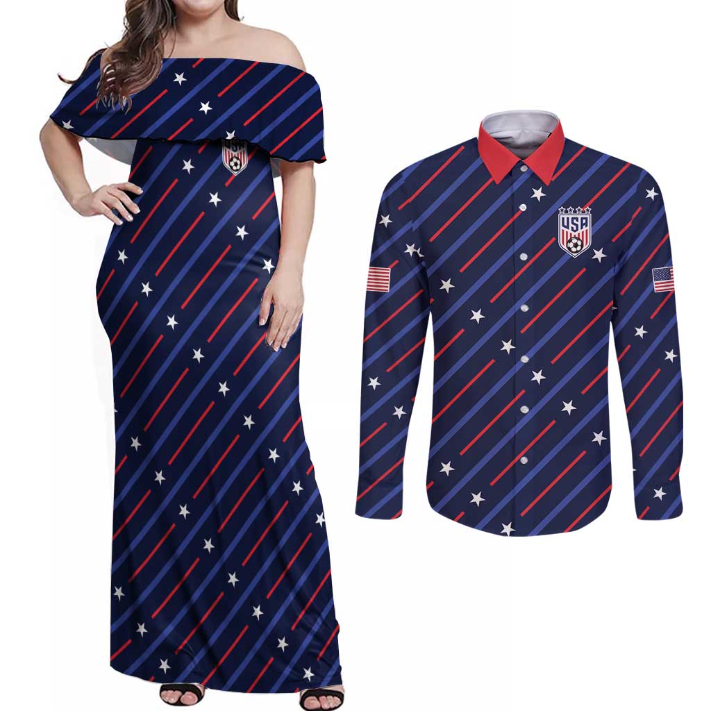 Custom Soccer USA 2026 Couples Matching Off Shoulder Maxi Dress and Long Sleeve Button Shirt Stronger Together We Are One Nation - Wonder Print Shop