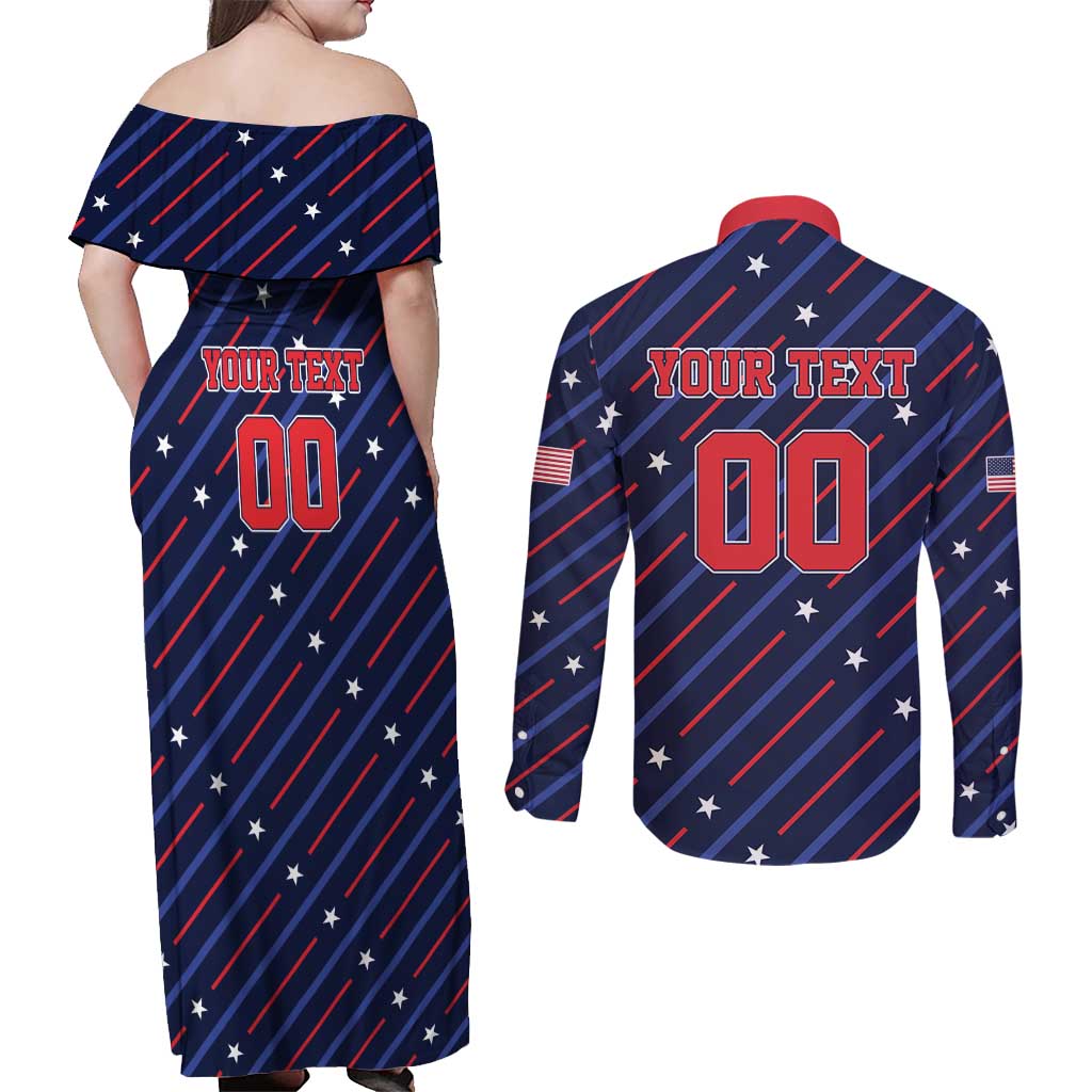 Custom Soccer USA 2026 Couples Matching Off Shoulder Maxi Dress and Long Sleeve Button Shirt Stronger Together We Are One Nation - Wonder Print Shop