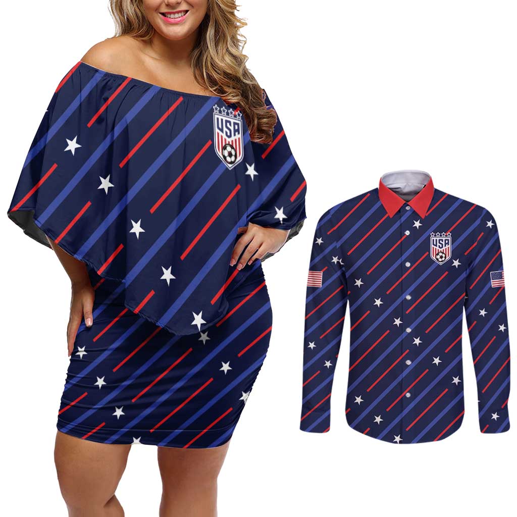 Custom Soccer USA 2026 Couples Matching Off Shoulder Short Dress and Long Sleeve Button Shirt Stronger Together We Are One Nation - Wonder Print Shop