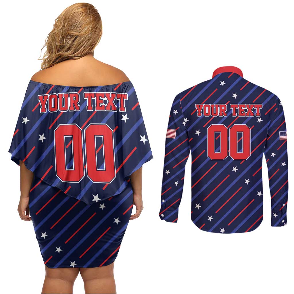 Custom Soccer USA 2026 Couples Matching Off Shoulder Short Dress and Long Sleeve Button Shirt Stronger Together We Are One Nation - Wonder Print Shop