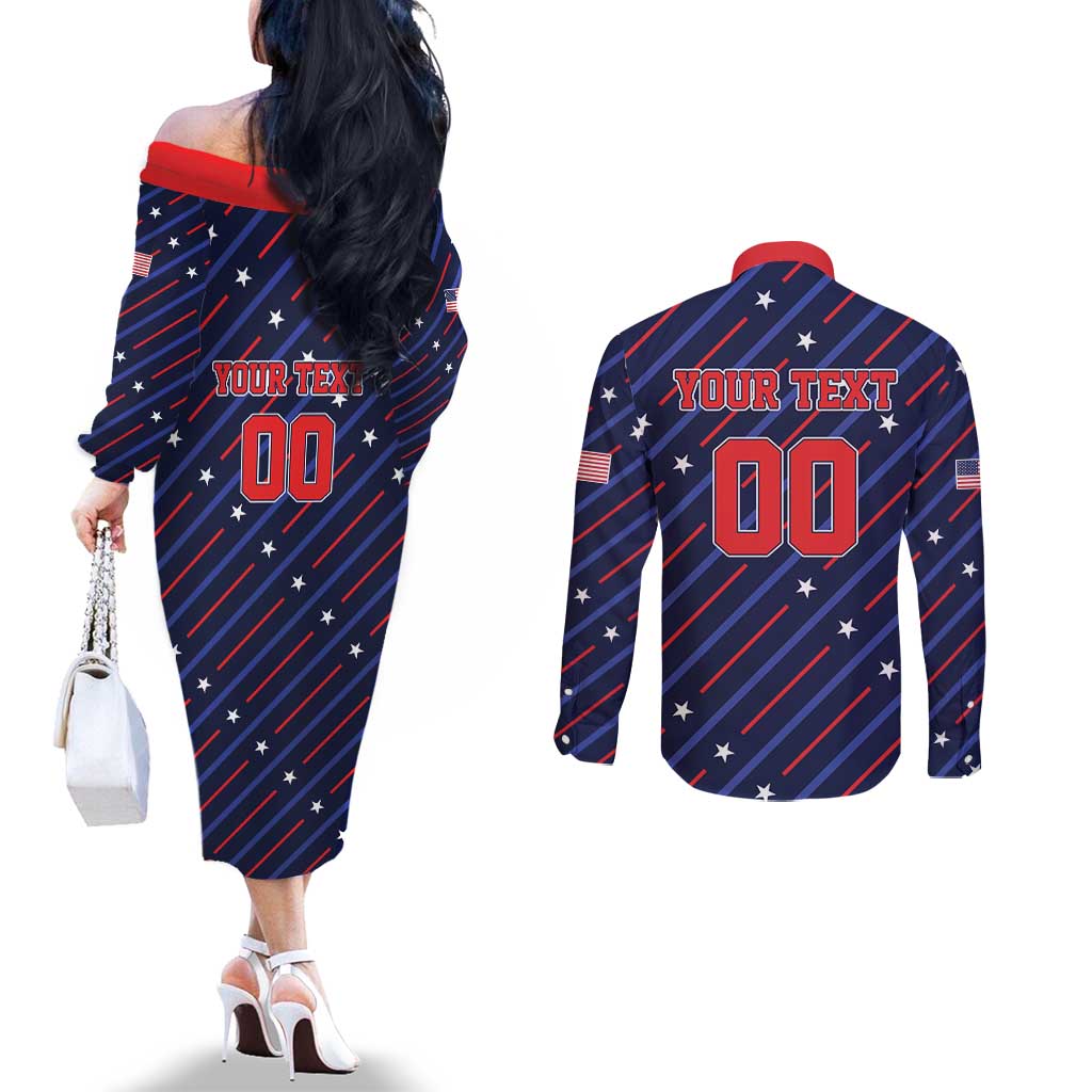 Custom Soccer USA 2026 Couples Matching Off The Shoulder Long Sleeve Dress and Long Sleeve Button Shirt Stronger Together We Are One Nation - Wonder Print Shop