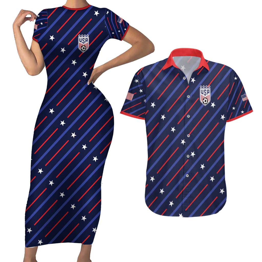 Custom Soccer USA 2026 Couples Matching Short Sleeve Bodycon Dress and Hawaiian Shirt Stronger Together We Are One Nation - Wonder Print Shop