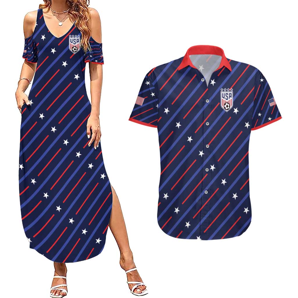 Custom Soccer USA 2026 Couples Matching Summer Maxi Dress and Hawaiian Shirt Stronger Together We Are One Nation - Wonder Print Shop