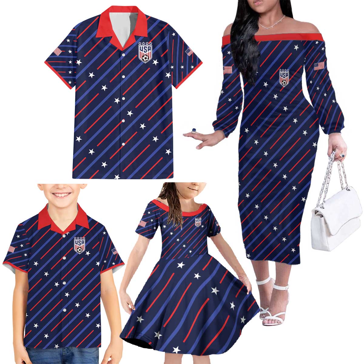 Custom Soccer USA 2026 Family Matching Off The Shoulder Long Sleeve Dress and Hawaiian Shirt Stronger Together We Are One Nation - Wonder Print Shop