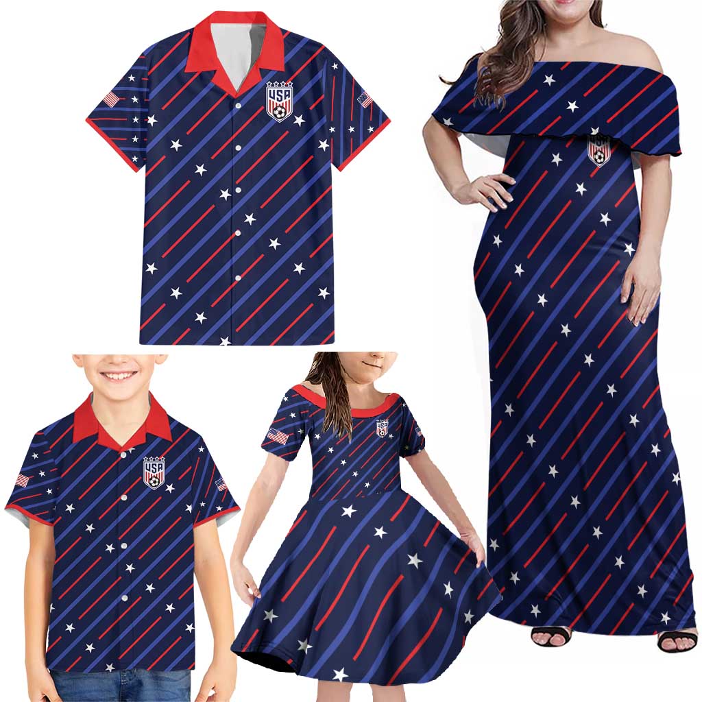 Custom Soccer USA 2026 Family Matching Off Shoulder Maxi Dress and Hawaiian Shirt Stronger Together We Are One Nation - Wonder Print Shop