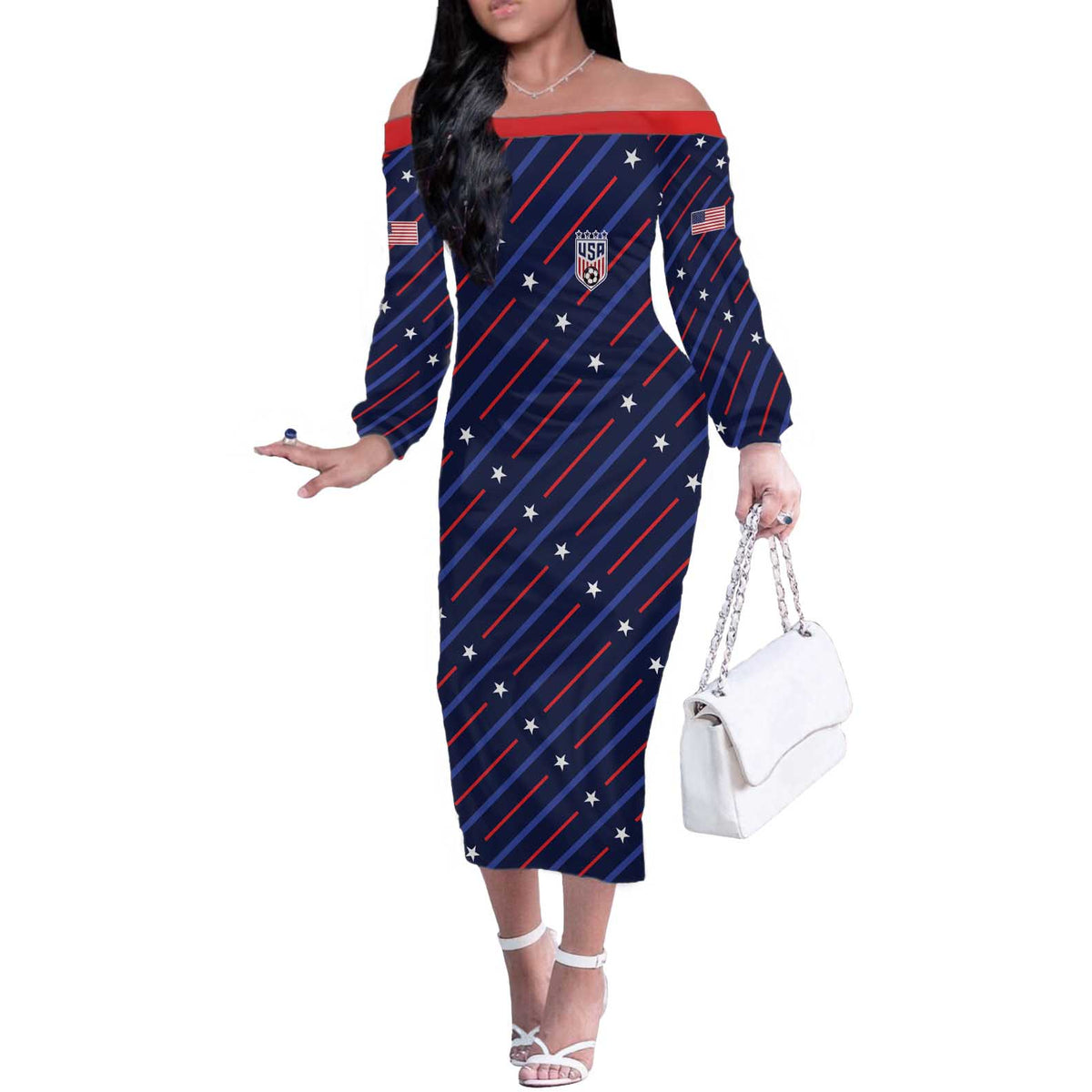 Custom Soccer USA 2026 Off The Shoulder Long Sleeve Dress Stronger Together We Are One Nation - Wonder Print Shop