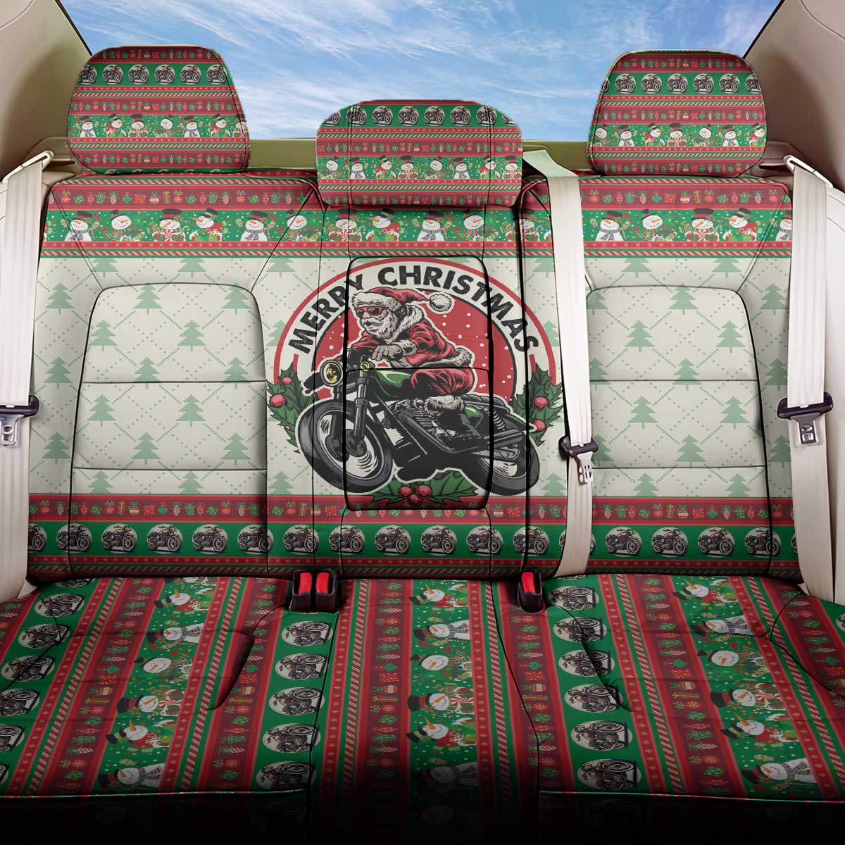 Biker Santa Motorcycle Christmas Back Car Seat Cover Santa Claus On A Motorcycle - Wonder Print Shop