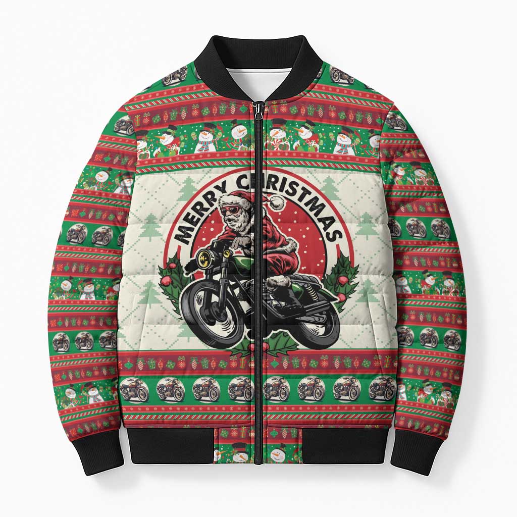 Biker Santa Motorcycle Christmas Bomber Puffer Jacket Santa Claus On A Motorcycle - Wonder Print Shop