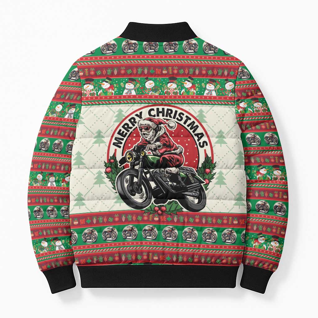 Biker Santa Motorcycle Christmas Bomber Puffer Jacket Santa Claus On A Motorcycle - Wonder Print Shop