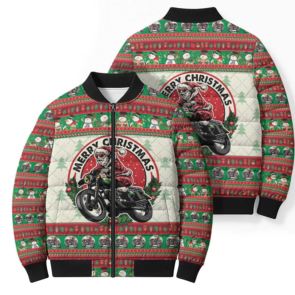 Biker Santa Motorcycle Christmas Bomber Puffer Jacket Santa Claus On A Motorcycle - Wonder Print Shop