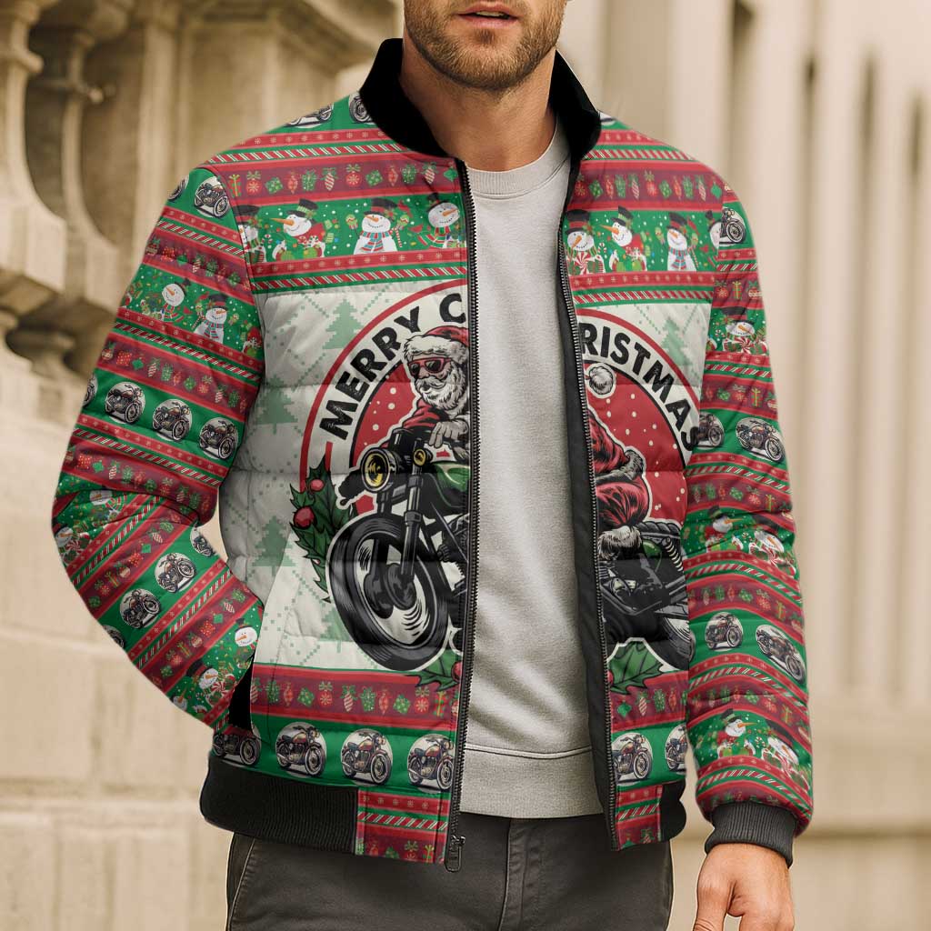 Biker Santa Motorcycle Christmas Bomber Puffer Jacket Santa Claus On A Motorcycle - Wonder Print Shop