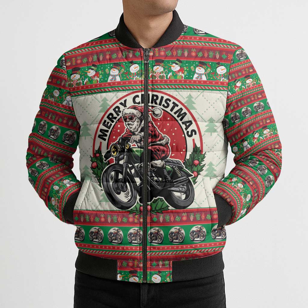 Biker Santa Motorcycle Christmas Bomber Puffer Jacket Santa Claus On A Motorcycle - Wonder Print Shop