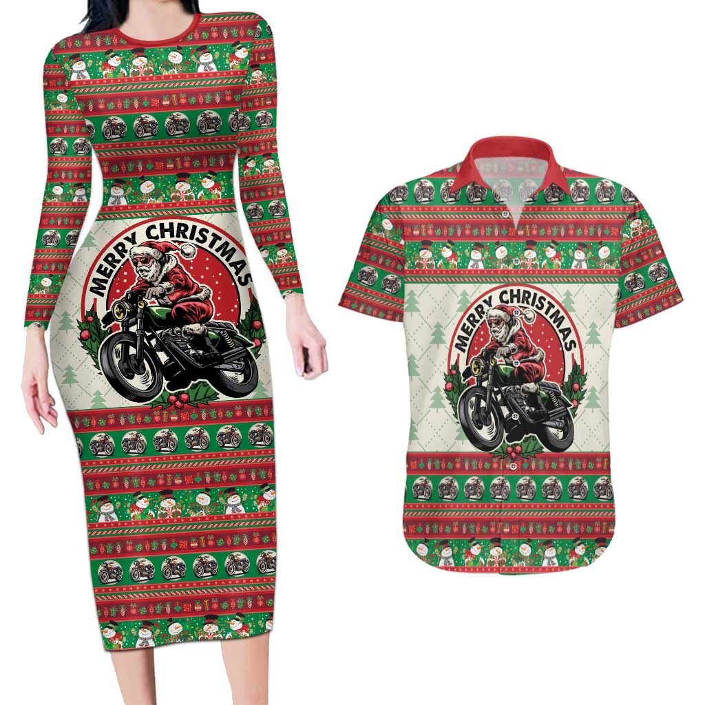 Biker Santa Motorcycle Christmas Couples Matching Long Sleeve Bodycon Dress and Hawaiian Shirt Santa Claus On A Motorcycle - Wonder Print Shop