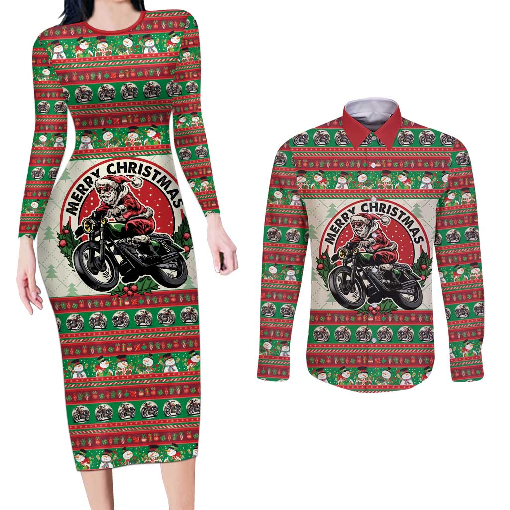 Biker Santa Motorcycle Christmas Couples Matching Long Sleeve Bodycon Dress and Long Sleeve Button Shirt Santa Claus On A Motorcycle - Wonder Print Shop