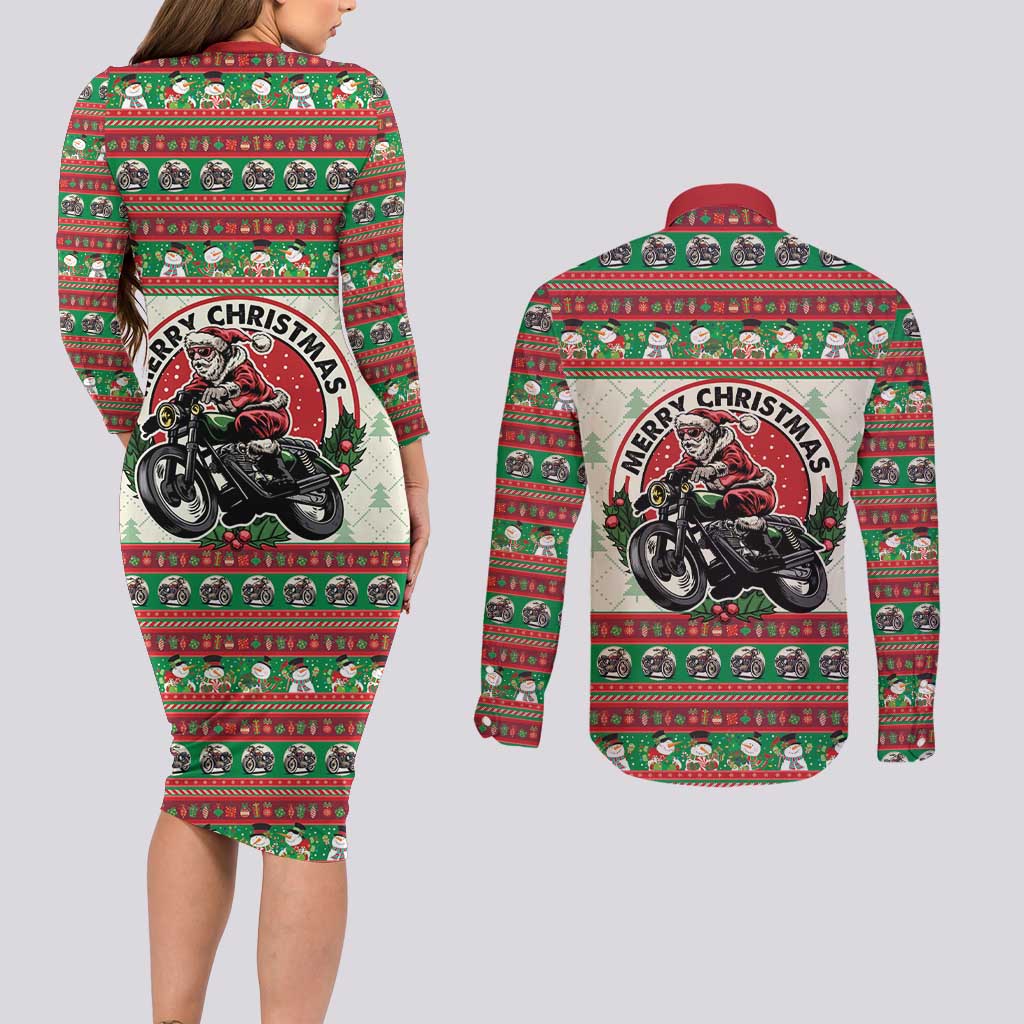 Biker Santa Motorcycle Christmas Couples Matching Long Sleeve Bodycon Dress and Long Sleeve Button Shirt Santa Claus On A Motorcycle - Wonder Print Shop