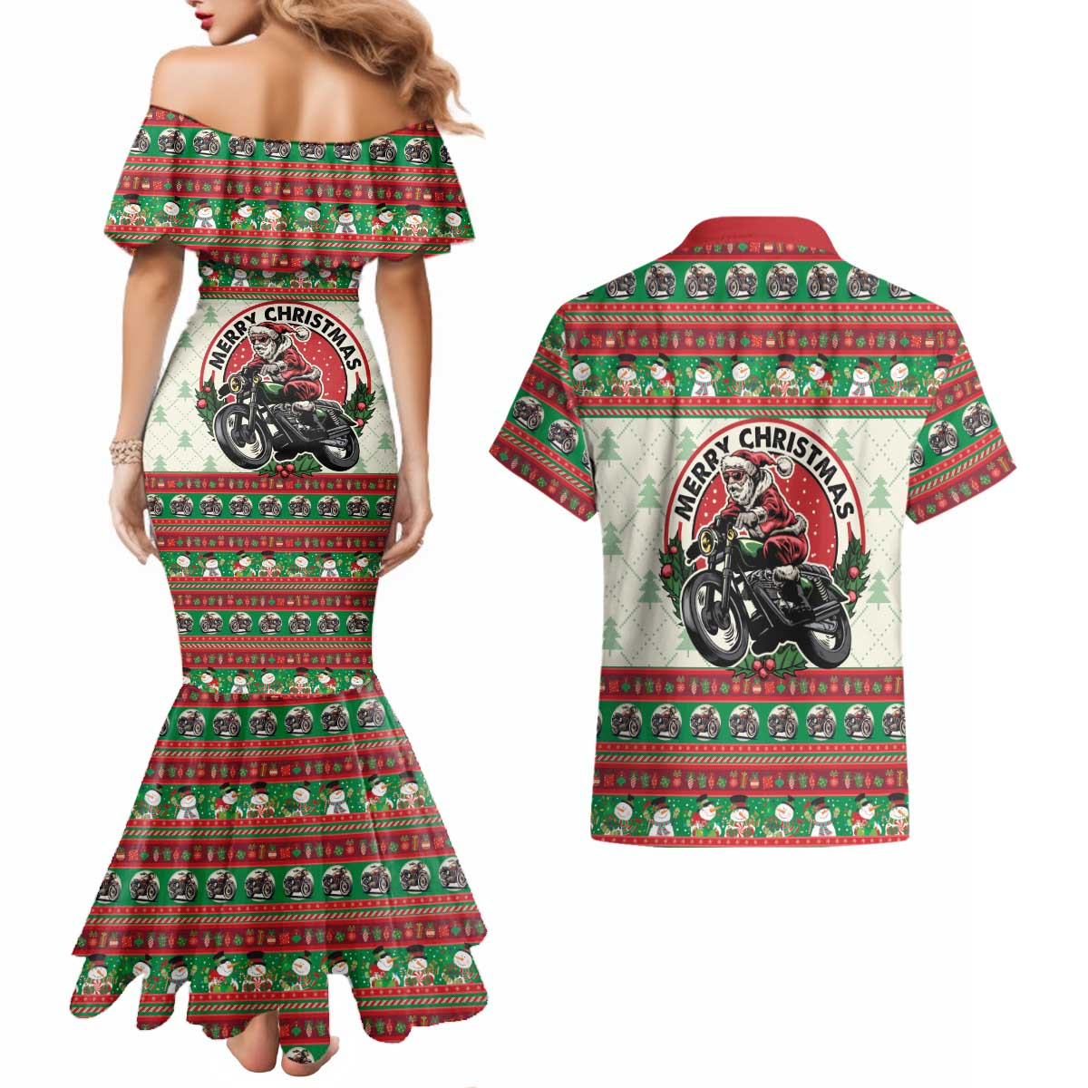 Biker Santa Motorcycle Christmas Couples Matching Mermaid Dress and Hawaiian Shirt Santa Claus On A Motorcycle - Wonder Print Shop