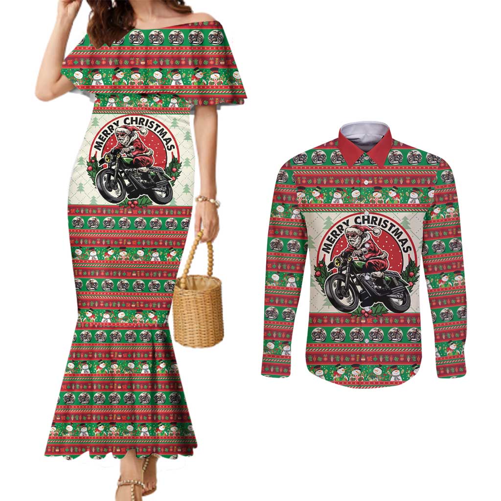 Biker Santa Motorcycle Christmas Couples Matching Mermaid Dress and Long Sleeve Button Shirt Santa Claus On A Motorcycle - Wonder Print Shop