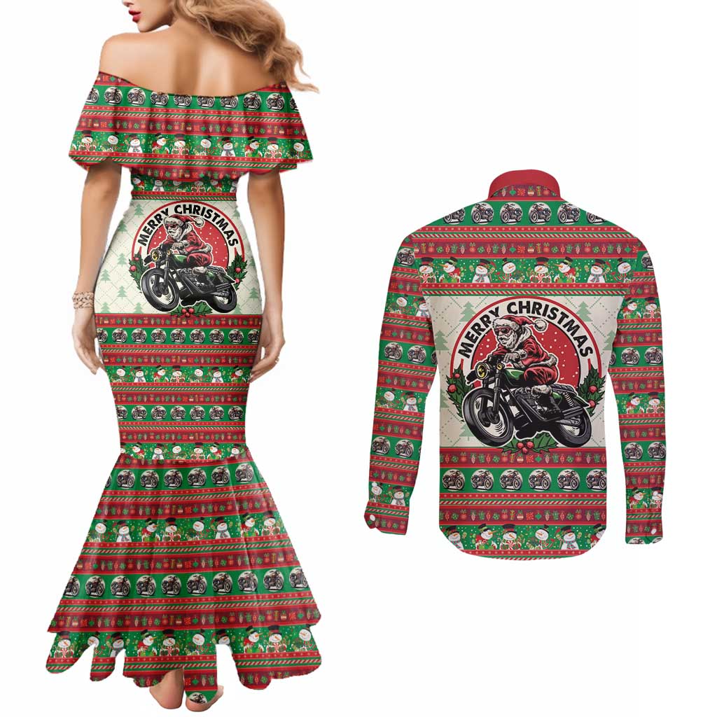 Biker Santa Motorcycle Christmas Couples Matching Mermaid Dress and Long Sleeve Button Shirt Santa Claus On A Motorcycle - Wonder Print Shop