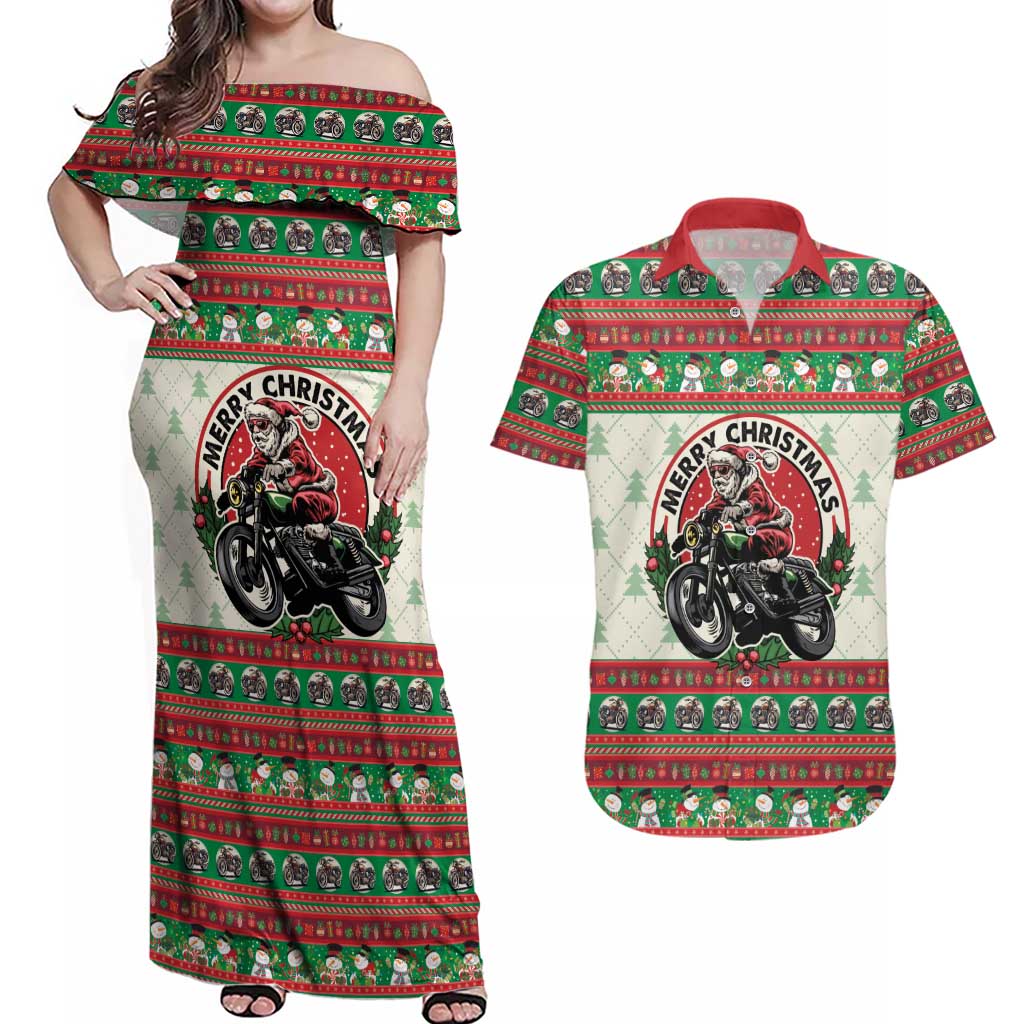 Biker Santa Motorcycle Christmas Couples Matching Off Shoulder Maxi Dress and Hawaiian Shirt Santa Claus On A Motorcycle - Wonder Print Shop