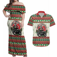 Biker Santa Motorcycle Christmas Couples Matching Off Shoulder Maxi Dress and Hawaiian Shirt Santa Claus On A Motorcycle - Wonder Print Shop