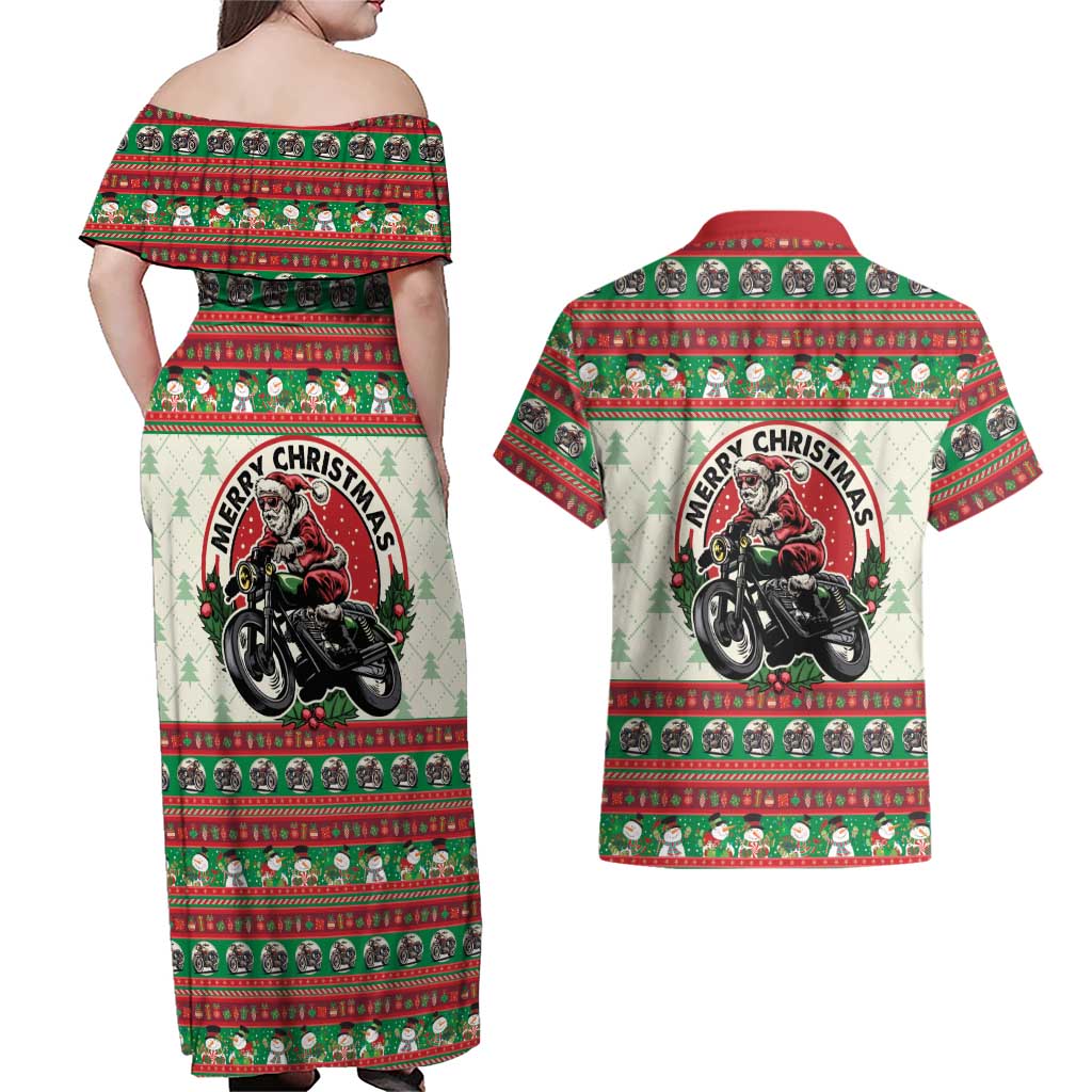 Biker Santa Motorcycle Christmas Couples Matching Off Shoulder Maxi Dress and Hawaiian Shirt Santa Claus On A Motorcycle - Wonder Print Shop