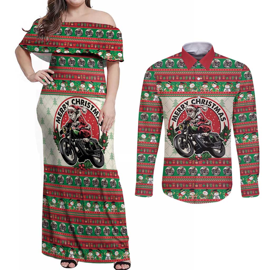 Biker Santa Motorcycle Christmas Couples Matching Off Shoulder Maxi Dress and Long Sleeve Button Shirt Santa Claus On A Motorcycle - Wonder Print Shop