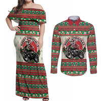Biker Santa Motorcycle Christmas Couples Matching Off Shoulder Maxi Dress and Long Sleeve Button Shirt Santa Claus On A Motorcycle - Wonder Print Shop
