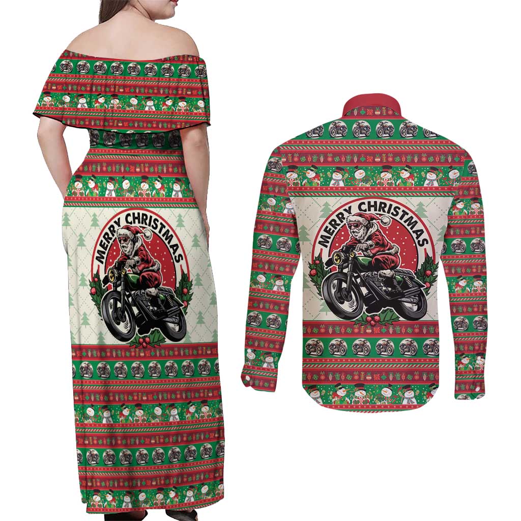 Biker Santa Motorcycle Christmas Couples Matching Off Shoulder Maxi Dress and Long Sleeve Button Shirt Santa Claus On A Motorcycle - Wonder Print Shop