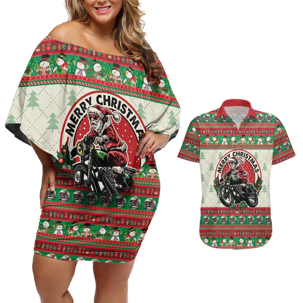 Biker Santa Motorcycle Christmas Couples Matching Off Shoulder Short Dress and Hawaiian Shirt Santa Claus On A Motorcycle - Wonder Print Shop