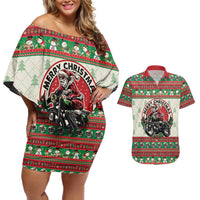Biker Santa Motorcycle Christmas Couples Matching Off Shoulder Short Dress and Hawaiian Shirt Santa Claus On A Motorcycle - Wonder Print Shop