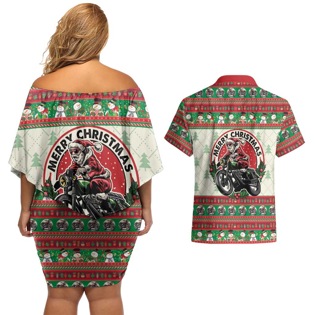 Biker Santa Motorcycle Christmas Couples Matching Off Shoulder Short Dress and Hawaiian Shirt Santa Claus On A Motorcycle - Wonder Print Shop