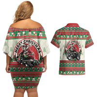 Biker Santa Motorcycle Christmas Couples Matching Off Shoulder Short Dress and Hawaiian Shirt Santa Claus On A Motorcycle - Wonder Print Shop