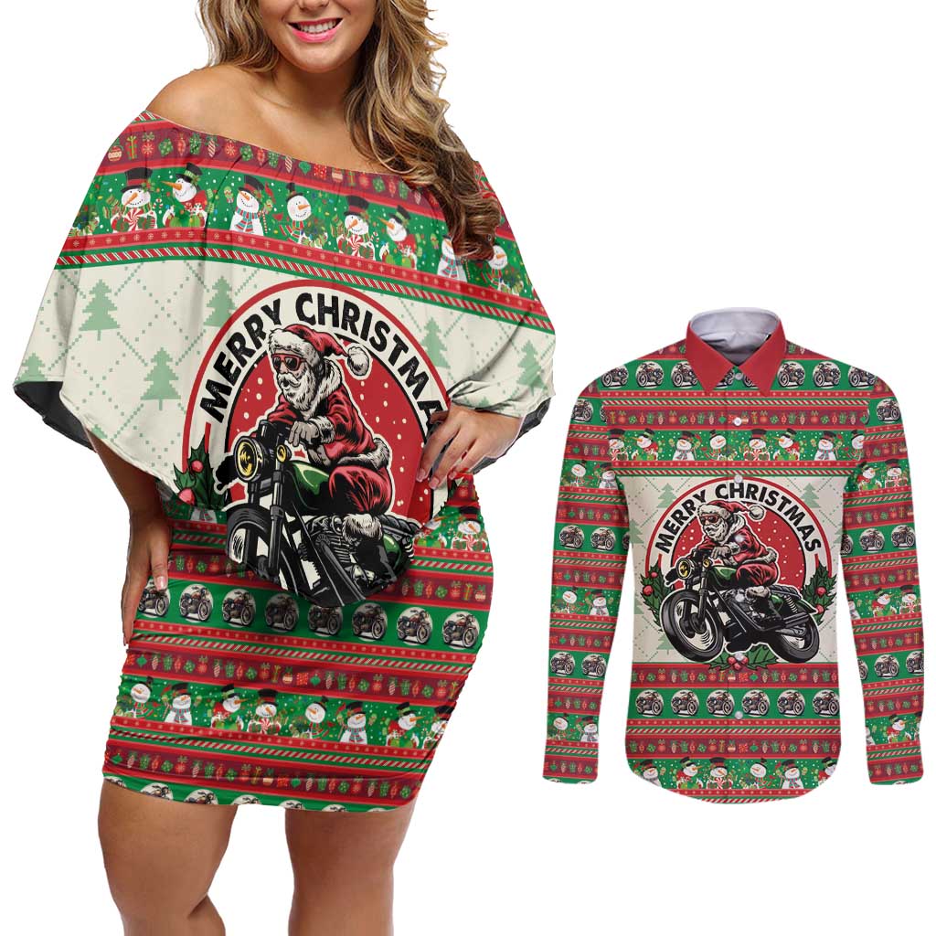 Biker Santa Motorcycle Christmas Couples Matching Off Shoulder Short Dress and Long Sleeve Button Shirt Santa Claus On A Motorcycle - Wonder Print Shop