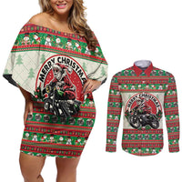 Biker Santa Motorcycle Christmas Couples Matching Off Shoulder Short Dress and Long Sleeve Button Shirt Santa Claus On A Motorcycle - Wonder Print Shop
