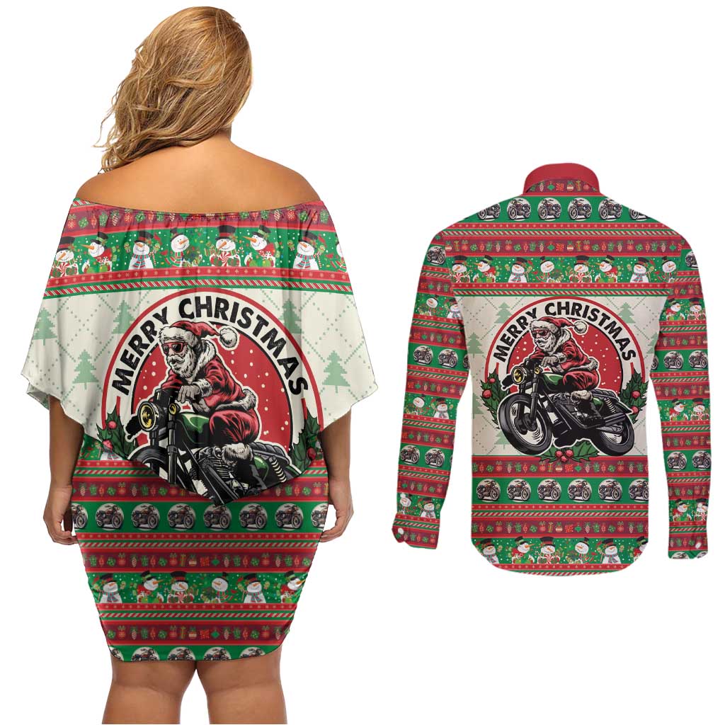 Biker Santa Motorcycle Christmas Couples Matching Off Shoulder Short Dress and Long Sleeve Button Shirt Santa Claus On A Motorcycle - Wonder Print Shop