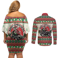 Biker Santa Motorcycle Christmas Couples Matching Off Shoulder Short Dress and Long Sleeve Button Shirt Santa Claus On A Motorcycle - Wonder Print Shop