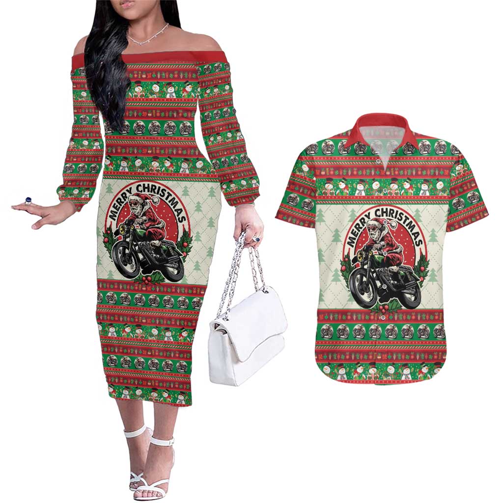 Biker Santa Motorcycle Christmas Couples Matching Off The Shoulder Long Sleeve Dress and Hawaiian Shirt Santa Claus On A Motorcycle - Wonder Print Shop