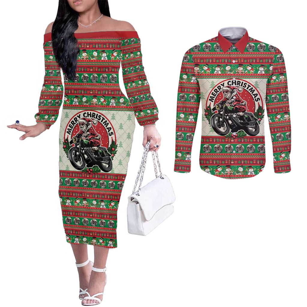 Biker Santa Motorcycle Christmas Couples Matching Off The Shoulder Long Sleeve Dress and Long Sleeve Button Shirt Santa Claus On A Motorcycle - Wonder Print Shop