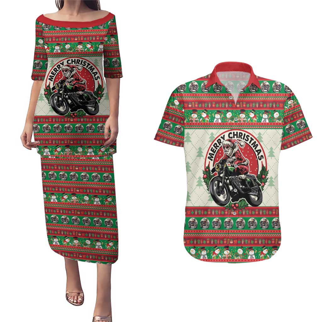 Biker Santa Motorcycle Christmas Couples Matching Puletasi and Hawaiian Shirt Santa Claus On A Motorcycle - Wonder Print Shop