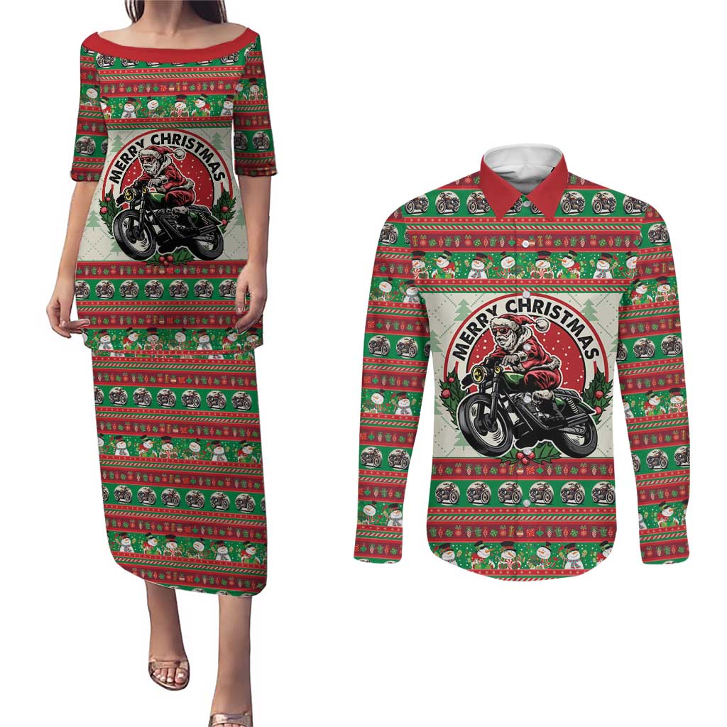 Biker Santa Motorcycle Christmas Couples Matching Puletasi and Long Sleeve Button Shirt Santa Claus On A Motorcycle - Wonder Print Shop