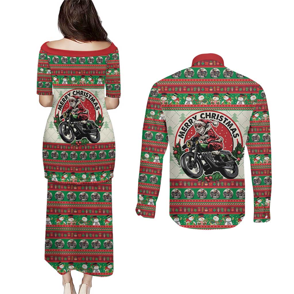 Biker Santa Motorcycle Christmas Couples Matching Puletasi and Long Sleeve Button Shirt Santa Claus On A Motorcycle - Wonder Print Shop