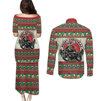 Biker Santa Motorcycle Christmas Couples Matching Puletasi and Long Sleeve Button Shirt Santa Claus On A Motorcycle - Wonder Print Shop