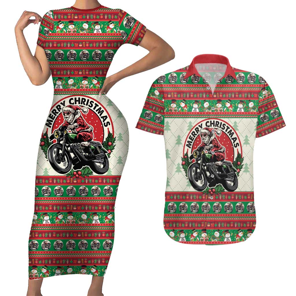 Biker Santa Motorcycle Christmas Couples Matching Short Sleeve Bodycon Dress and Hawaiian Shirt Santa Claus On A Motorcycle - Wonder Print Shop
