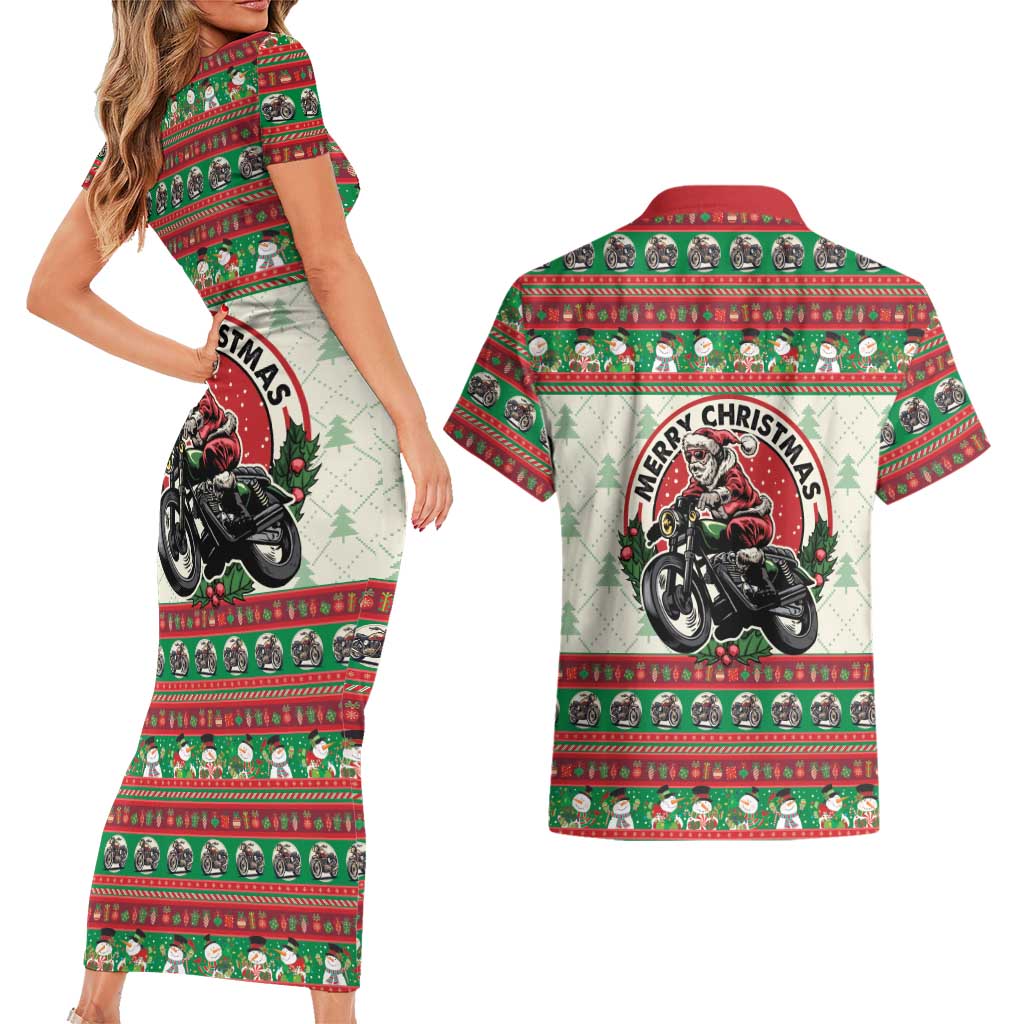 Biker Santa Motorcycle Christmas Couples Matching Short Sleeve Bodycon Dress and Hawaiian Shirt Santa Claus On A Motorcycle - Wonder Print Shop