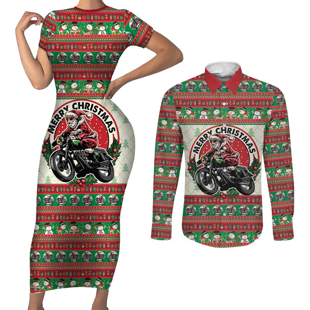 Biker Santa Motorcycle Christmas Couples Matching Short Sleeve Bodycon Dress and Long Sleeve Button Shirt Santa Claus On A Motorcycle - Wonder Print Shop