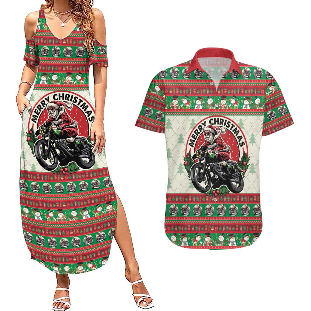 Biker Santa Motorcycle Christmas Couples Matching Summer Maxi Dress and Hawaiian Shirt Santa Claus On A Motorcycle - Wonder Print Shop