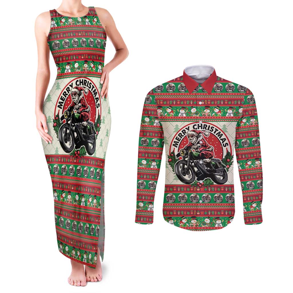 Biker Santa Motorcycle Christmas Couples Matching Tank Maxi Dress and Long Sleeve Button Shirt Santa Claus On A Motorcycle - Wonder Print Shop