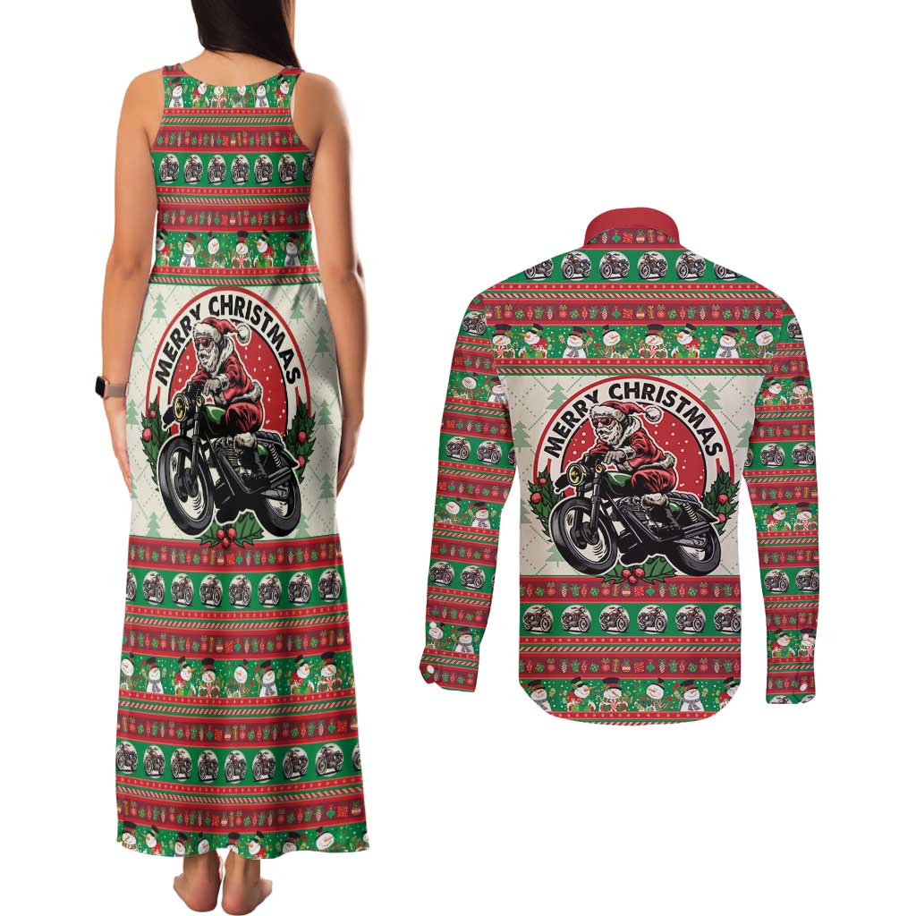 Biker Santa Motorcycle Christmas Couples Matching Tank Maxi Dress and Long Sleeve Button Shirt Santa Claus On A Motorcycle - Wonder Print Shop